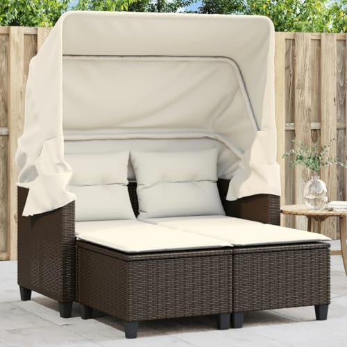 Xichuzi Gartensofa 2-Sitzer mit Dach und Hockern Braun Poly Rattan, Gartenlounge, Garden Sofa, Balkonmöbel, Gartenmöbel, Loungemöbel - 365782