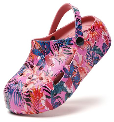 SECHRITE Zoccoli da donna con plateau grafica, scarpe da giardino senza lacci, sandali da spiaggia con soletta rimovibile, Tropicale rosso, 40.5 EU