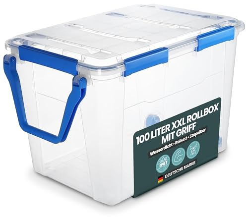 Kreher® Wasserdichte Aufbewahrungsbox Rollbox Transportbox (IP67) mit Deckel und Rollen. Aus robustem Kunststoff mit praktischen Transportgriff. 100 Liter Volumen. Staub- und Nässegschützt. (1)