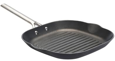 QDESIGN Ultraleichte Grillpfanne, Gusseisen mit Wabenstruktur, Edelstahlgriff, extra antihaftbeschichtet, kratzfest – mit Ausgießer – für alle Herdarten inkl. Induktion – Schwarz, Quadratisch – 28 cm
