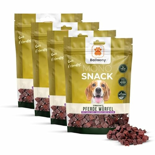 Balloony.pet Monosnack Schmackhafte Pferde Würfel – Allergikerfreundliche hundeleckerli Pferd für Sensible Hunde – Schonend getrocknete leckerlies für Hunde (4x150g)