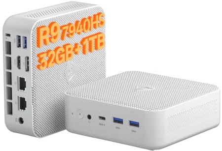 Machenike Mini PC, Ryzen 9 7940HS, 32 GB DDR5, SSD da 1 TB, PC compatto, Radeon 780M, doppia LAN 2,5 G, display 8K, computer desktop per ufficio, home office, programmazione, gaming (32GB, 1TB)