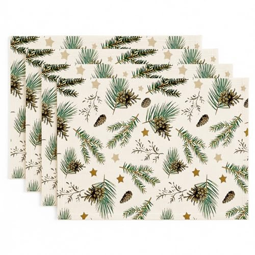 Vorysum Grüne Zweige Platzsets 4er Set, 32x45 cm Weihnachten Tischsets Abwaschbar Rot Karomuster Weihnachtsdekoration Winter Urlaub Bankett Tischsets Platzdeckchen Küche Party Deko