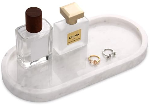 Marmor Tablett Oval, Jazz Weiß, 25 x 12 x 2 cm | Dekotablet Badezimmer Tablett Kosmetiktabletts für Schminktisch Schmuck Gewebe Kerzen Handtuch Pflanze Schmucktablett