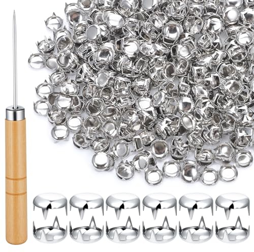 500 Pcs 10mm Round Metal Studs, Silver Studs and Spikes, Stud for Clothing with Awl for Leather Craft Clothes Belt Bag Shoes Decorations DIY Craft