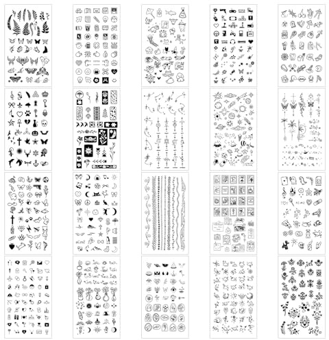 20 Blätter Kleine Fake Tattoos,Wasserfest Temporäre Tattoos,Klebetattoos,Natürlich und Sicher,Geeignet für Finger,Hals,Arme(Halloween Element,Blumen,Tiere,Einfache Strichzeichnungen)