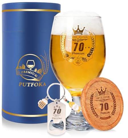 Putfoka Geschenke zum 70 Geburtstag Männ, Personalisierte Bierglas mit Gravur 410ml, 70 Bierglas Kreativer Schlüsselanhänger Untersetzer und Geschenkbox, Bier Geschenke, Deko 70. Geburtstag Mann