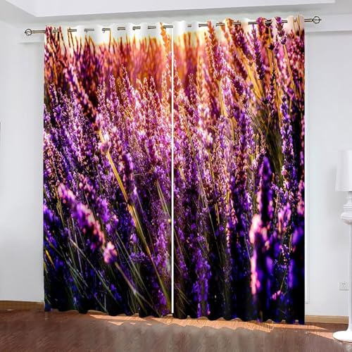 Wycian Fertiggardinen Gardinen mit Ösen Lila Braun Gelb 2 Er Polyester Sonnenuntergang und Lavendel H183 X B152Cm für Schlafzimmer