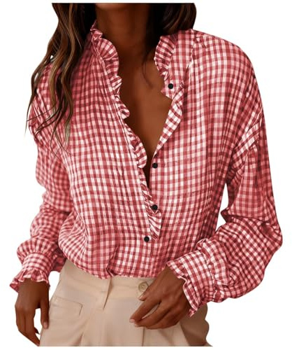 Chemisier à carreaux à volants et col en V boutonné à manches longues pour l'automne vintage d'affaires et de travail Vichy mignon chemise plissée, Rouge-a, M