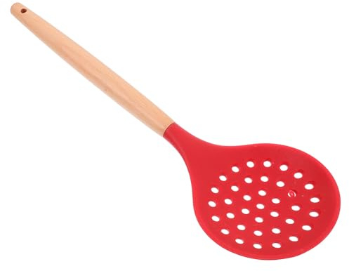 HOOWIFFY Espumadera de Silicona Mango de Madera Ergonómico Resistente al Calor Cuchara Coladora Ranurada para Filtrar Aceite Utensilio de Cocina Rojo Adecuado para Hogar y Restaurante