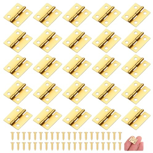 50 Stück Mini Klein Scharniere, Klappbar Metall Scharnier 15 x 18 mm, Kleine Schrank Modellbau Scharniere mit 200 Schrauben für Schmuck Holzkistenschränke Handwerk, Goldene