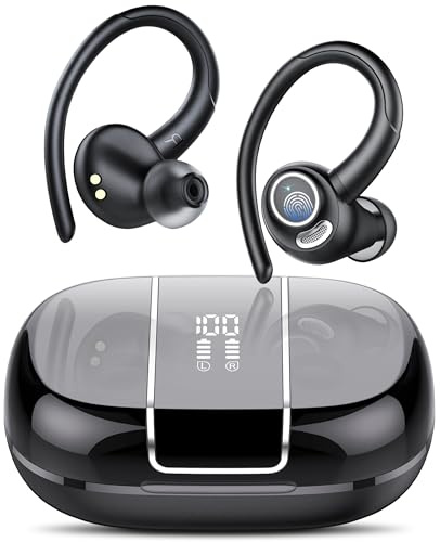 Csasan Sport Wireless Earbuds, Bluetooth 5.3 Headphones with Secure Earhooks & ENC Mic, 48H Playtime Hi-Fi Bass Ear Buds, IPX7 Waterproof Earphones for Running, Gym and Cycling, LED Display/USB-C