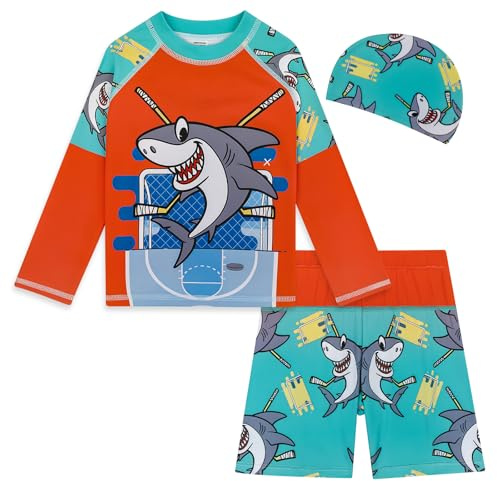 MASOCIO Traje de Baño Niño 3 Piezas Bañador Camiseta Agua Surf de Manga Larga Pantalones Cortos y Gorra Bebe Proteccion Solar UV UPF 50+ Secado Rapido Natacion Piscina Playa 2-3 Años Multicolor 1
