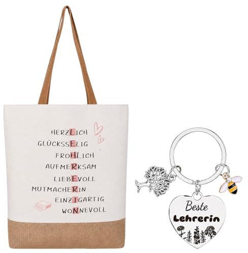 Lehrerin Geschenk Set, Jutebeutel Tasche Schlüsselanhänger mit Herz, Einkaufstasche 37x41x10cm, Abschiedsgeschenk Lehrerin Grundschule, Klassengeschenk zum Schuljahresende, Danke, Geburtstag Geschenk