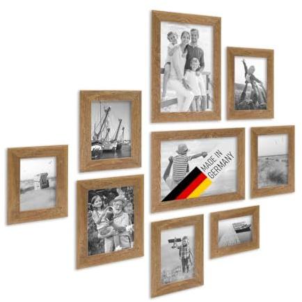 PHOTOLINI Bilderrahmen-Set Holz Eiche-Optik, 9er Rahmenset Echtholz-Rahmen rustikal, Strandhaus, Made in Germany, Echtglas, zum Aufhängen, extra Zubehör - Treibholzlook mit einem Hauch Küstenflair