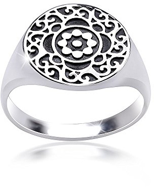 MATERIA Damen Ring Siegelring Blüte floral 925 Silber antik breit #SR-119