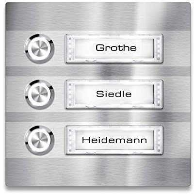 Metzler Türklingel - 3-fach Klingelplatte aus Edelstahl - Namensschild austauschbar - mit LED-Taster und Beleuchtung (optional) (Namensschild mit Beleuchtung, LED-Taster Weiß)