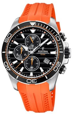 Festina Uhr Für Herren F20370/4 Outlet Silber Edelstahl Case OrangeSilikon Band