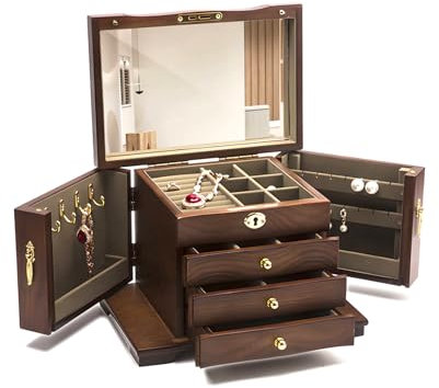 ACMHNC Schmuckkästchen Holz, Schmuckaufbewahrung Vintage 4-Etagen mit 3 Schubladen, Schmuckkasten Damen mit Spiegel & Sicherheitsschloss, Geschenk für Mutter, Frau, 29x19x20cm