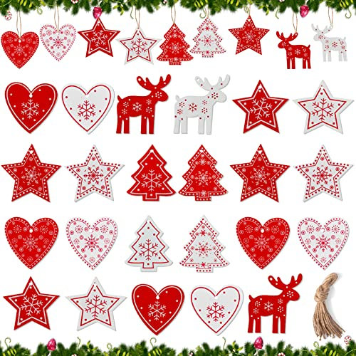 140 Pezzi Addobbi Natalizi Rossi in Legno - Ornamento e Decorazioni per Albero di Natale