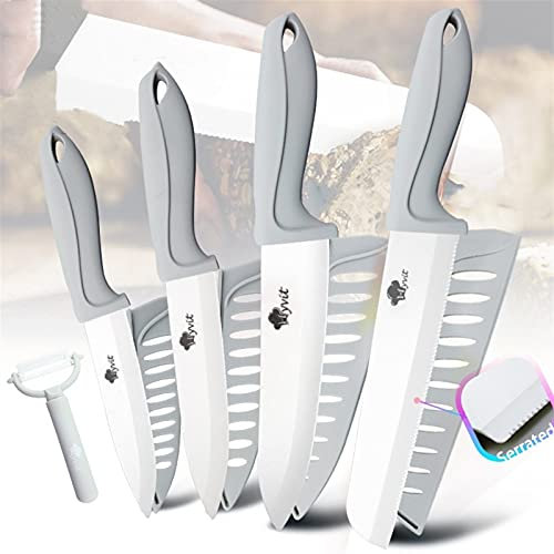 DZCP Coltello da Cucina Coltello in Ceramica 3 4 5 + 6 Pollici Cucina Set di Pane Serrated 3pcs / 4pcs Chef Utility Slicer Orthengeble Peeler Bianco Zirconia Blade (Color : Grey 4566 inch Bread)