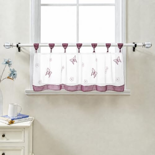 Delien Scheibengardinen Küche »Schmetterling« B90 x H45 cm, Lila | 1 Stück,Voile,Bistrogardine mit Schlaufen,Schmetterling Stickerei,Transparente Küchengardine,Landhausstil Kurzstores