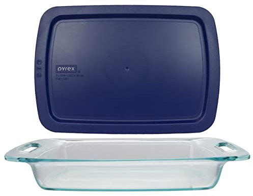 Pyrex (1) C-233 3qt Easy Grab Glass Baking Dish & (1) C-233-PC 3qt Blue Easy Grab Lid