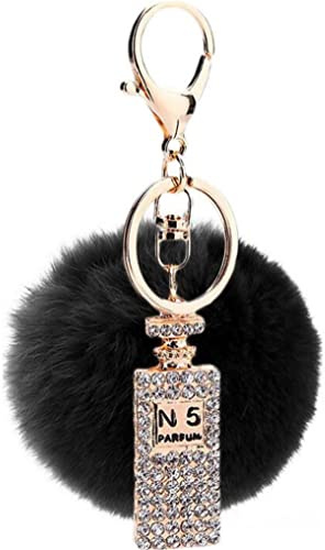 Canarea Schlüsselanhänger Pompons Plüsch Flauschige Taschenanhänger, Faux Kaninchen Pelz Plüschball mit Mini-Parfüm Strass Dekor Kugel bommel Keychain Ring für Handtasche Schlüssel AutoSchlüssel