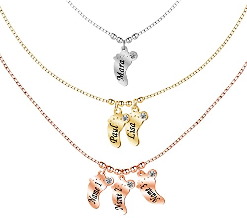Gravur Babyfüße Edelstahl Namenskette für Mutter Name Datum Halskette mit Kindernamen Personalisierte Damenkette Anhänger Buchstabenkette Babykette Mütter Halskette Geschenk für Mom Mama Oma