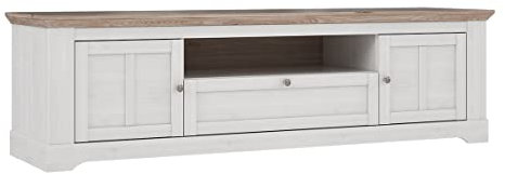 Meuble TV 205 cm 2 Portes 1 tiroir 1 Niche poignées métal décor chêne Clair Blanchi Style Classique Chic et Campagne - Angele