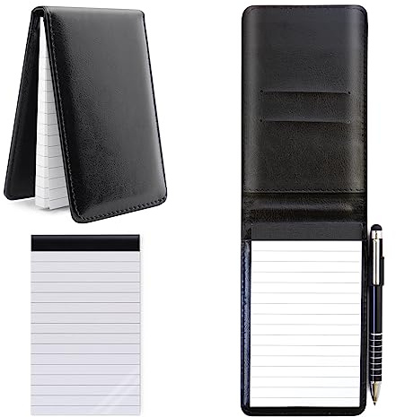 FINEASY Mini Bloc Note de Poche A7 Carnet de Notes en Cuir PU avec et un A7 Bloc-Note de Remplacement et un Stylo, Petit Carnet avec 50 Papiers Lignés pour École Bureau Restaurant (Noir)