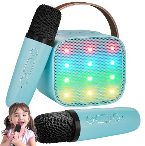 Karaoke Maschine Kinder Mini Karaoke Maschine mit 2 Mikrofonen Bluetooth-Lautsprecher mit LED-Lichtern und Stimmenverzerrer, Geschenk für Mädchen 3, 4, 5, 6, 7, 8, 9,10,11,12+ Jahre (Blau)