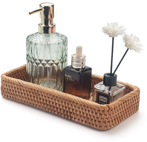 Rattan Bathroom Vanity Trays Toilet Tank Baskets Long Narrow Hand Towel Storage Basket for Storage, Decorative (Natural 10.2 x 4.9 x 1.6 inch)