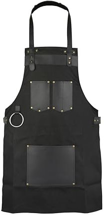 Top Grain Leather Blue Canvas Apron Butcher Cook, BBQ, Chef, DIY, Woodwork Apron Gift for Him Gift for HerGift for Him Gift for Her (Black)