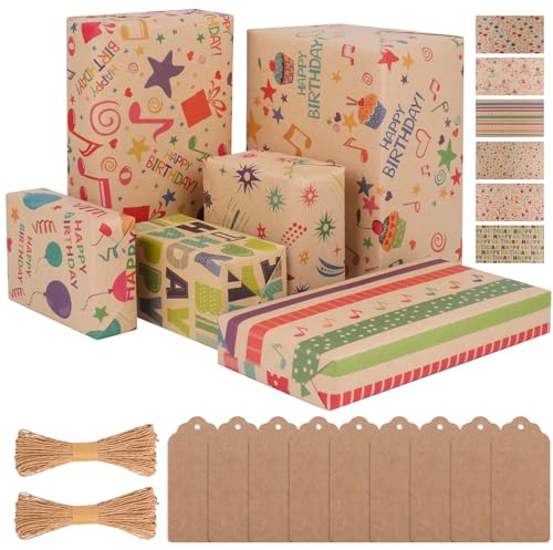 GAOHUI Geschenkpapier Geburtstag, 6 Stück Braunes Kraftpapier für Männer, Frauen, Mädchen und Jungen, Geschenkpapierbögen für Weihnachten, Hochzeiten, Babypartys