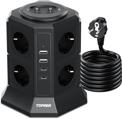 Steckdosenleiste mit USB C, 8 Fach Mehrfachsteckdose mit Schalter, 3680W/16A Mehrfachstecker Turm Verteilersteckdose Überspannungsschutz mit 2M Kabel 8er Steckerleiste für Zuhause Büro Reise Schwarz