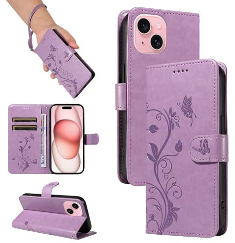 SRISHP Coque pour iPhone 15, Housse Etui Portefeuille Cuir PU Multifonction, Magnétique Étui de Protection Compatible avec iPhone 15, Violet
