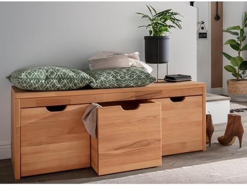 Lomadox Massivholz Flurbank Garderobenbank Schuhtruhe Buche 3 Schubkästen 120x45x40 cm