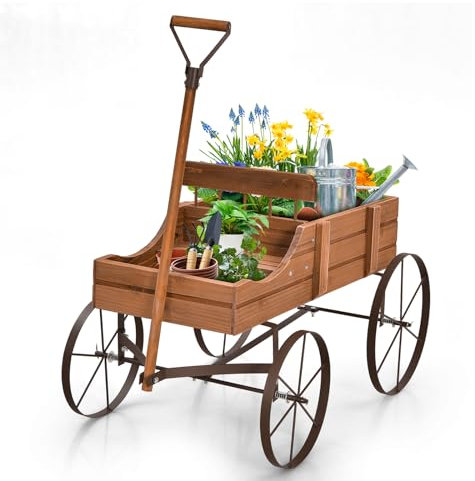HOMASIS Carriola da Giardino in Legno, Carretto per Piante con Ruote Metalliche e 2 Scomparti, Vaso a Forma di Monociclo Decorativo per Giardino, Terrazza, Patio, 63x35x62,5cm (Marrone)