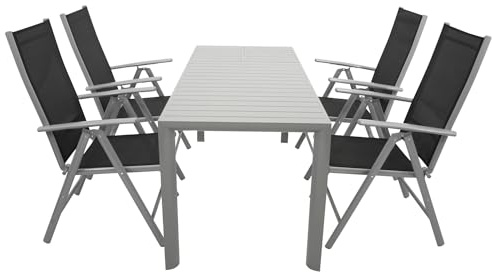 DEGAMO Gartengarnitur BAGO 5-teilig, 4X Klappsessel aus Aluminium Silbergrau und Textilgewebe in schwarz + 1x Ausziehtisch Aluminium 120/162x70cm, Silbergrau