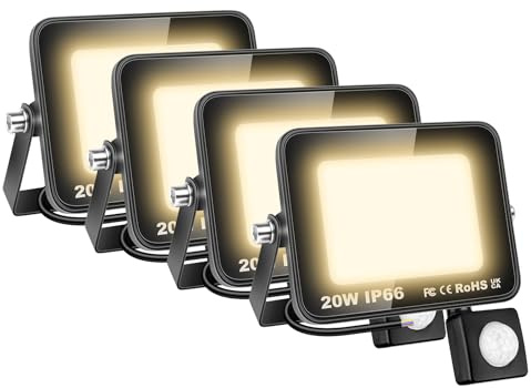 AUXTINGS 4 Pièces 20W Lampe de Sécurité Projecteur à LED Avec Détecteur de Mouvement PIR,2000 Lumens 4000K Blanc Chaud Lumières Exterieur,LED Extérieur étanche pour Jardin,Garage,Véranda,Patio,Cortile