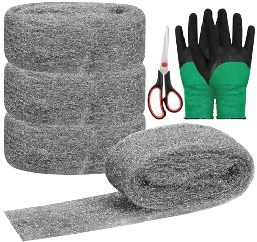 Mardatt 6Pcs 3.1” x 7.2ft Steel Wool Fill Fabric Kit Includes 4PCS Steel Wool Filler, Scissor and Gloves, SteelWool Blend Hardware Cloth Gap Blocker for Rodent Gap Blocker Hole Garden