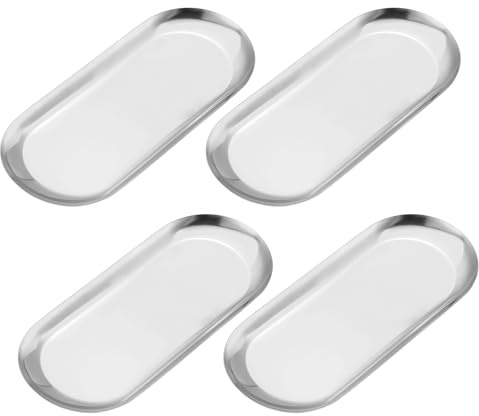 QUARKZMAN 4pz Acciaio Inox Vassoio Decorativi Bagno Vassoi Trucco Cosmetici Vassoi Piccolo Vassoio per Candele Dessert Portaoggetti(Argento 9 x 3.5)