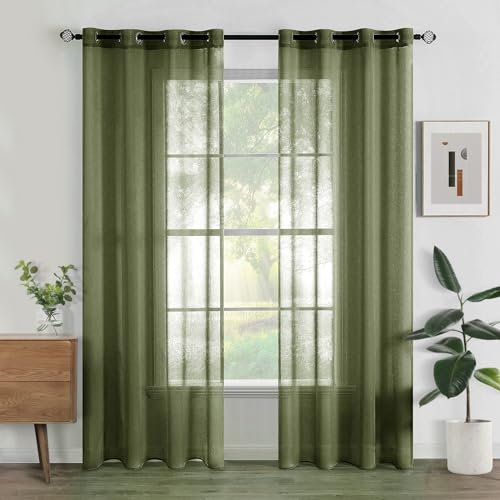 Woaboy Voile Gardinen Vorhänge Transparent Wohnzimmer mit Ösen Stores Gardinen Schlafzimmer Ösenvorhang Scheibengardine Schlaufengardinen Modern 2er Set 140x225 cm (B x H) Olivergrün