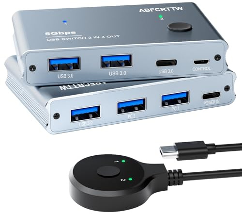 USB 3.0 Switch 2 in 4 out mit Desktop-Kontroller, Aluminium USB Umschalter für 2 Computer mit 1xUSB C Port und 3xUSB A Ports, 2 USB A auf A Kabeln für Maus, Tastatur, Drucker, Webcam, U-Disk