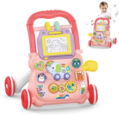 KalaDuck Camminatore per Bambini da Seduto a in Piedi, 2 In 1 Giocattolo a Spinta Bambini con Musica e Lavagna da Disegno, Centro di Attività Educativa Precoce Multifunzionale per Neonati 12M+ (Rosa)