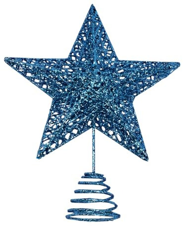 Cimier de sapin de Noël en métal bleu pailleté en forme d'étoile creuse pour fête de Noël décoration d'intérieur