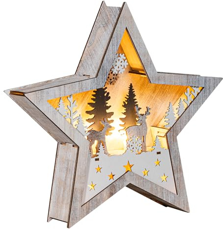 Spetebo LED Weihnachtsstern aus Holz 25 cm - Rentier im Wald | Deko Aufsteller, warm weiß beleuchtet, Tischdeko, Batterie betrieben