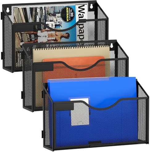 EasyPAG 3 fickor landskapsmontering A4 nät väggorganiserare hängande väggmonterad filhållare postorganiserare tidning dokumentförvaring, paket med 3, svart