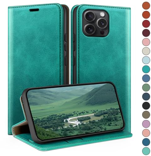 HUOUH für iPhone 13 Pro 6.1 Hülle mit RFID Schutzhülle aus Lederhülle Handyhülle,Kartenfach Leder ständer Handy hülle,360 Grad Schutz Cover für Apple 13 Pro Klapphülle Wallet Case Blaugrün